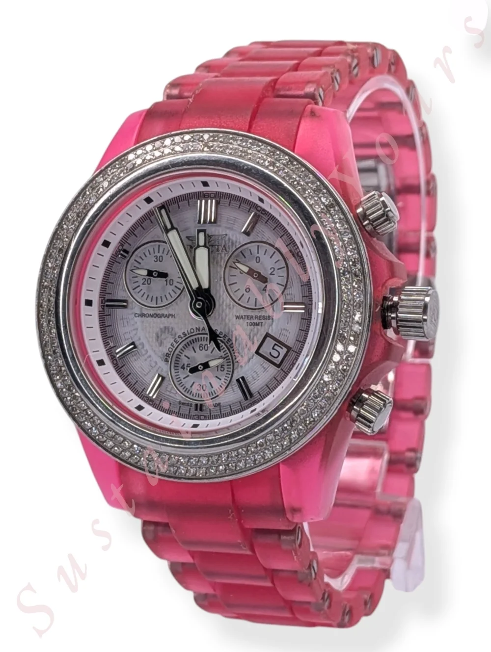 Invicta Chronograph Watch Swiss Movement Silicone Strap Diamond Bezel Pink 3121
